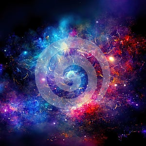 Space background with stardust and shining stars. Realistic colorful cosmos with nebula and milky way. Galaxy backdrop