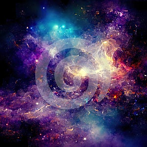 Space background with stardust and shining stars. Realistic colorful cosmos with nebula and milky way. Galaxy backdrop