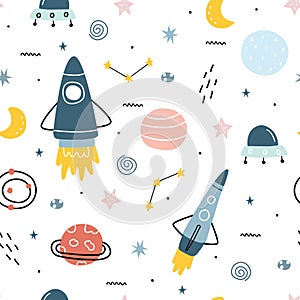 Space background with stars and rockets seamless vector pattern for kids hand drawn in cartoon style