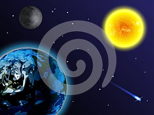 Space background. The sun, earth, moon and comet on a black background.