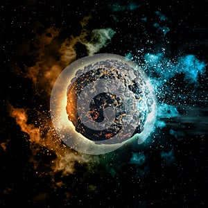 Space background with volcanic planet