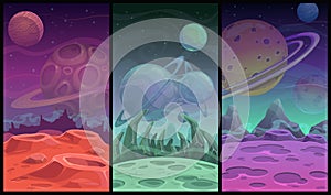 Space backgrounds collection. Fantasy alien planet landscapes set.