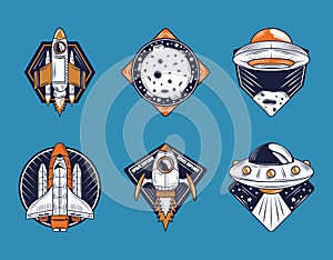 Space badge icons collection include spaceship moon ufo on blue background