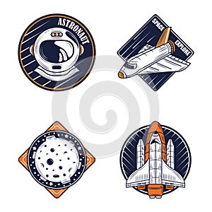 Space badge icons set helmet rocket and moon