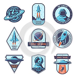 Space badges. Expore other planer patches, space travel badge and over the moon emblem vector set