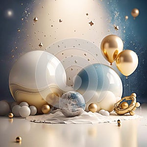 space balloones planets and space ships as birthday baby photography backdrop, bege and blue metallic balloons, gold stars