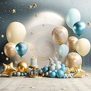 space balloones planets and space ships as birthday baby photography backdrop, bege and blue metallic balloons, gold stars