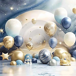 space balloones planets and space ships as birthday baby photography backdrop, bege and blue metallic balloons, gold stars