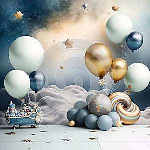 space balloones planets and space ships as birthday baby photography backdrop, bege and blue metallic balloons, gold stars