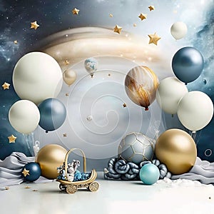 space balloones planets and space ships as birthday baby photography backdrop, bege and blue metallic balloons, gold stars