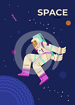 Space banner with astronaut or cosmonaut in starry sky, vector illustration.
