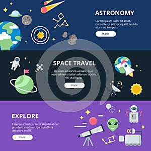 Space banners. Moon and solar system with planets with satellites near earth and rocket or spaceship shuttle vector web