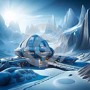 space base on alien frozen planet with mountains, snow and ice, generative ai illustration, science fiction scenery