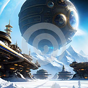 space base on alien frozen planet with mountains, snow and ice, generative ai illustration, science fiction scenery