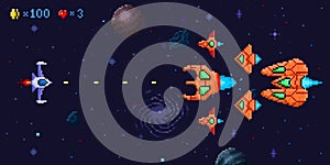 Space battle arcade game level. Pixel art galactic battle, defender spaceship and pixelated ufo enemies vector