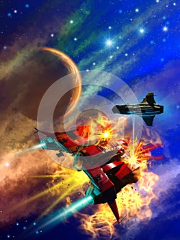 Space battle around an alien planet, 3d illustration