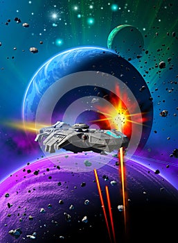 Space battle near an alien planet with two moons, same rockets against a spaceship, sky with nebula and stars, 3d illustration