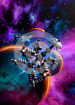 Space battle near an alien planet witha moon, same rockets against a spacestation, nebula and stars, 3d illustration photo