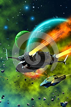 Space Battle, spaceships fighting around a planetary system, 3d illustration