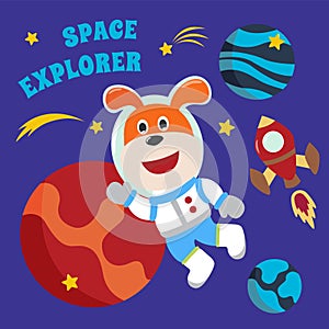 Space bear or astronaut in a space suit with cartoon style. Can be used for t-shirt print, kids wear fashion design, invitation