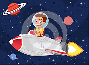 Space boy driving an space rocket