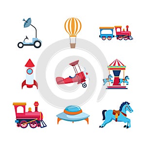 Space and carousel vehicles icon set, colorful design