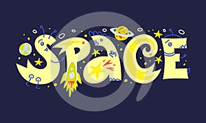 Space. Cartoon print for kids, t-shirt, card design. Vector illustration