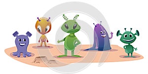 Space cartoon set of Aliens Installed UFOs . Five different funny Monster Spaceship Invaders vector illustration.