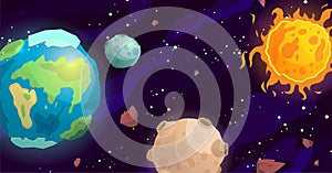 Space cartoon vector illustration with sun, earth, moon and pluto. Galaxy, cosmos, universe element for computer game, book for ki