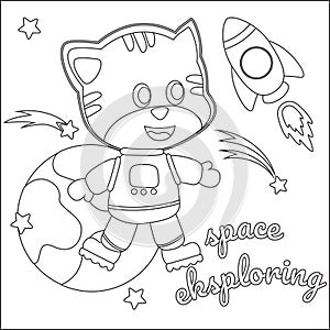 Space cat or astronaut in a space suit with cartoon style. Creative vector Childish design for kids activity colouring book or