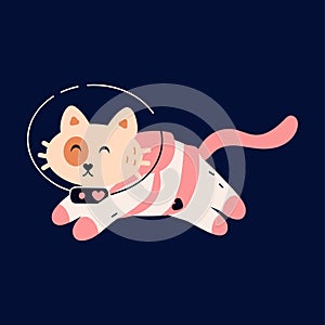 Space cat. Cute funny kitty in space suit isolated on dark blue background, childish astronaut character, galaxy