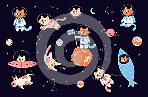 Space cats. Cartoon funny kitties in spacesuits with helmets. Childish astronaut animals in zero gravity. Kittens flying