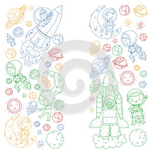 Space for children. Coloring page, book. Kids and cosmos exploration. Adventures, planets, stars. Earth and Moon. Rocket