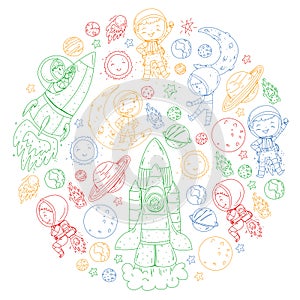 Space for children. Coloring page, book. Kids and cosmos exploration. Adventures, planets, stars. Earth and Moon. Rocket