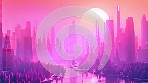 Space cityscape in pink hues against a rising sun. The concept of a futuristic metropolis.