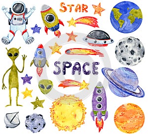 Space clipart set, hand drawn watercolor illustration isolated on white.