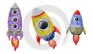 Space clipart set, space rockets, hand drawn watercolor illustration