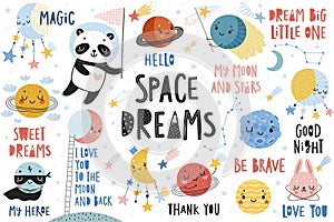 Space collection, childish hand drawn elements - moon, stars and planets