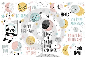 Space collection, childish hand drawn elements - moon, stars and planets