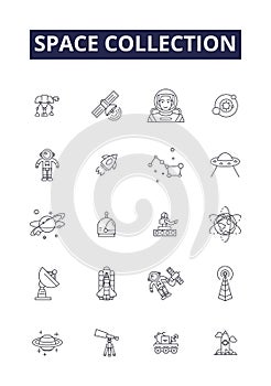 Space collection line vector icons and signs. Collection, Astronomy, Stars, Planets, Galaxies, Sun, Moon, Nebula outline