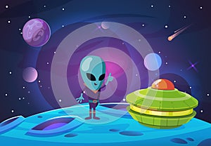 Space colonization background. Alien, ufo character on new planet in universe. Spaceship and galaxy, meteorites and