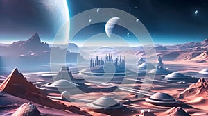 Space colony on a distant exoplanet, where humans have successfully established self-sustaining community, blending