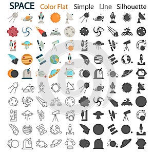 Space color flat, line, simple, silhouette icons set for web and mobile design