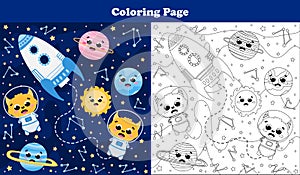 Space coloring game with cute planets and sun, alien astronauts and flying rocket in cartoon style for kids