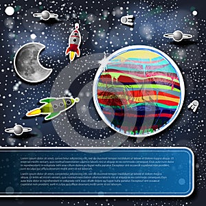 Space Concept Background with Rockets, Planets and Moon and Label for Your Text