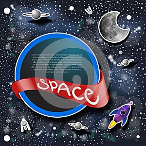 Space Concept with Rockets, Planets and Moon and Label for Your Text