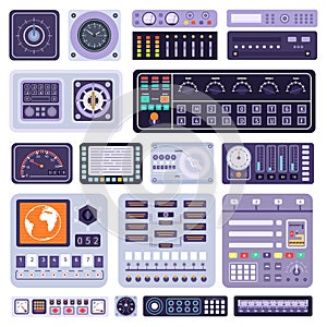 Space control dashboard panel, sensors data and displays. Spaceship cockpit buttons, handles, dials and knobs