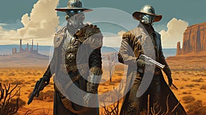 Space cowboys in sci-fi western scene. Sci-fi warriors of the wasteland.