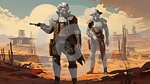 Space cowboys in sci-fi western scene. Sci-fi warriors of the wasteland