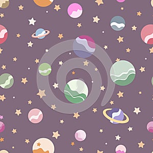 Space cute seamless pattern with planets and stars in childish cartoon style in calm colors. For kids clothes, fabrics, wrapping.
